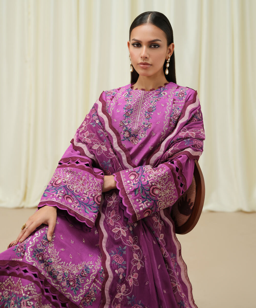 Women's Unstitched Raw Silk Embroidered Purple 3 Piece Suit