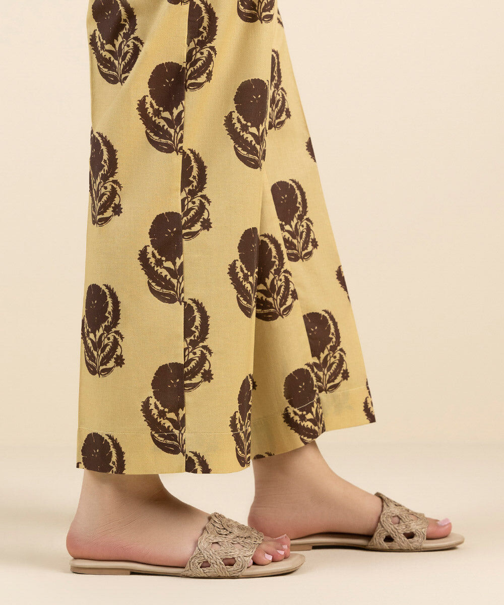 Woman - Beige Printed Cambric Straight Pants