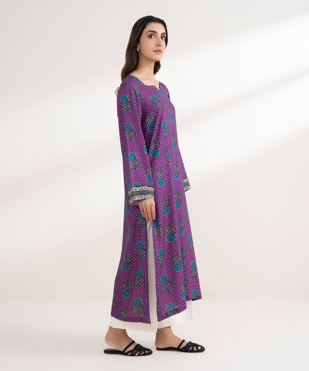 Women's RTW Viscose Linen Printed Straight Purple Shirt