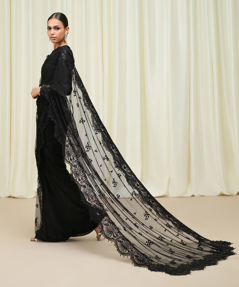 Women's Unstitched Embroidered Net Black Saree