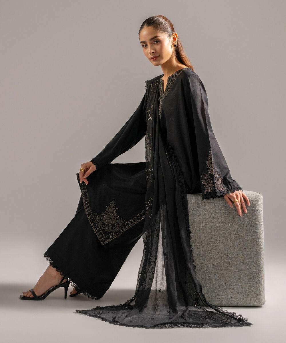 Women's RTW Dobby Embroidered Black 3 Piece Suit