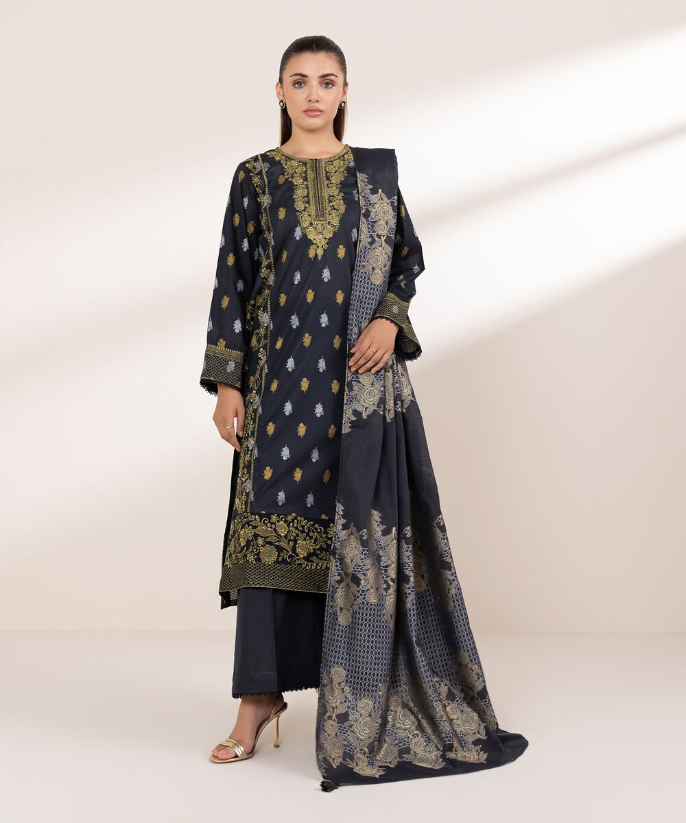 Women's RTW Lawn Black Embroidered A-Line Shirt