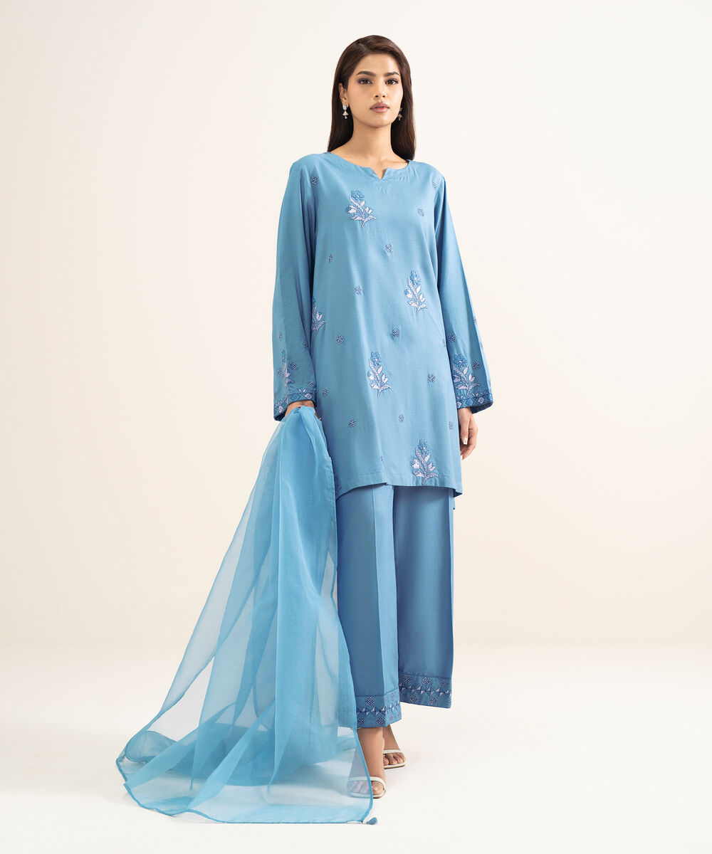 Blended Organza Solid Blue Dupatta