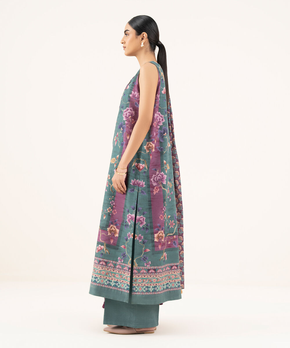 Women's Unstitched Cotton Printed Green 3 Piece Suit