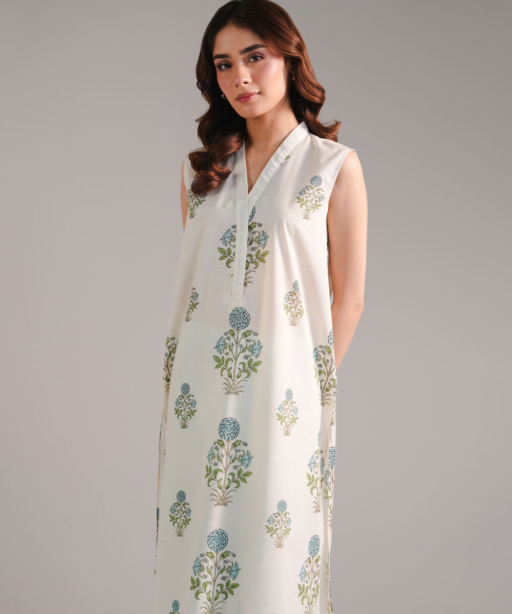 Women's RTW Slub Lawn Printed Light Blue Straight Shirt