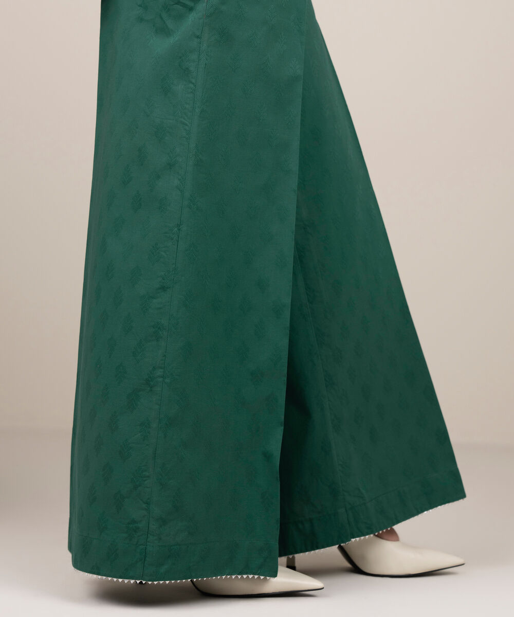 Women's RTW Self Jacquard Solid Green  Flared Pants