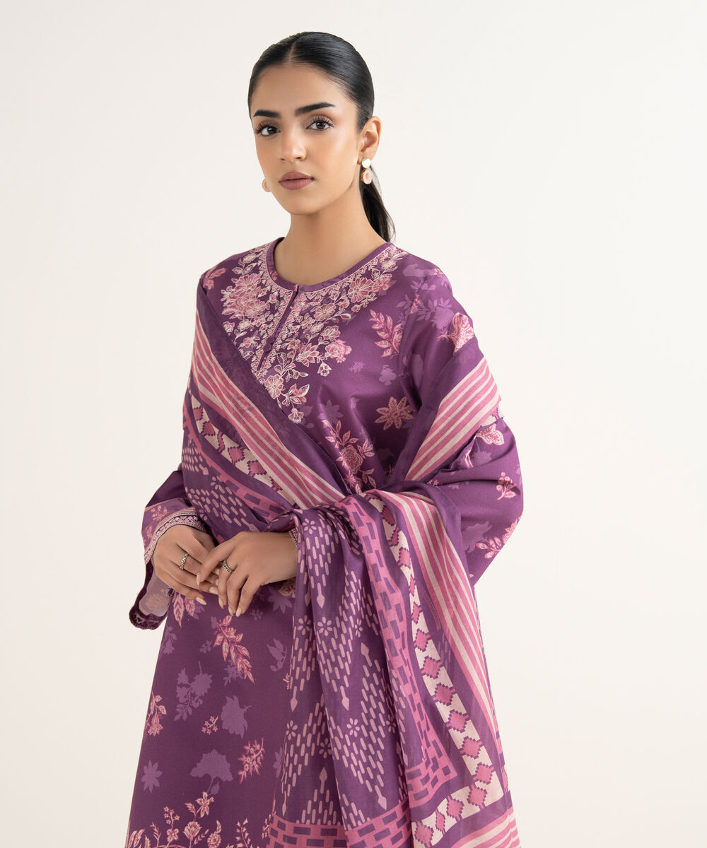 Women's Unstitched Cotton Embroidered Purple 3 Piece Suit