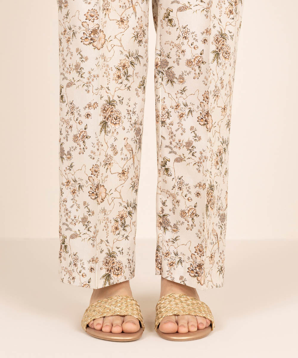 Women's RTW Cotton Viscose Beige Printed Straight Pants