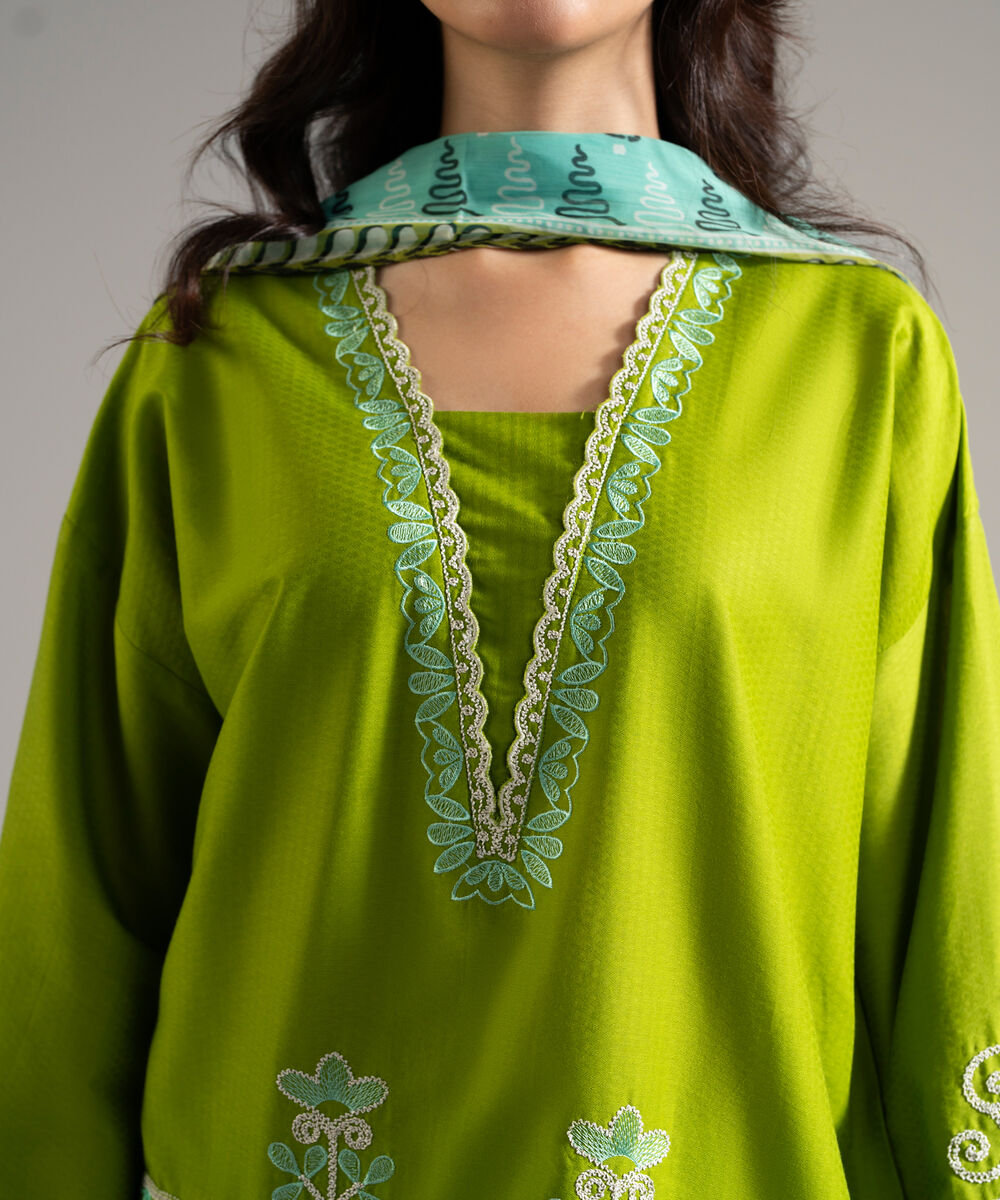 Women's RTW Dobby Embroidered Green 3 Piece Suit