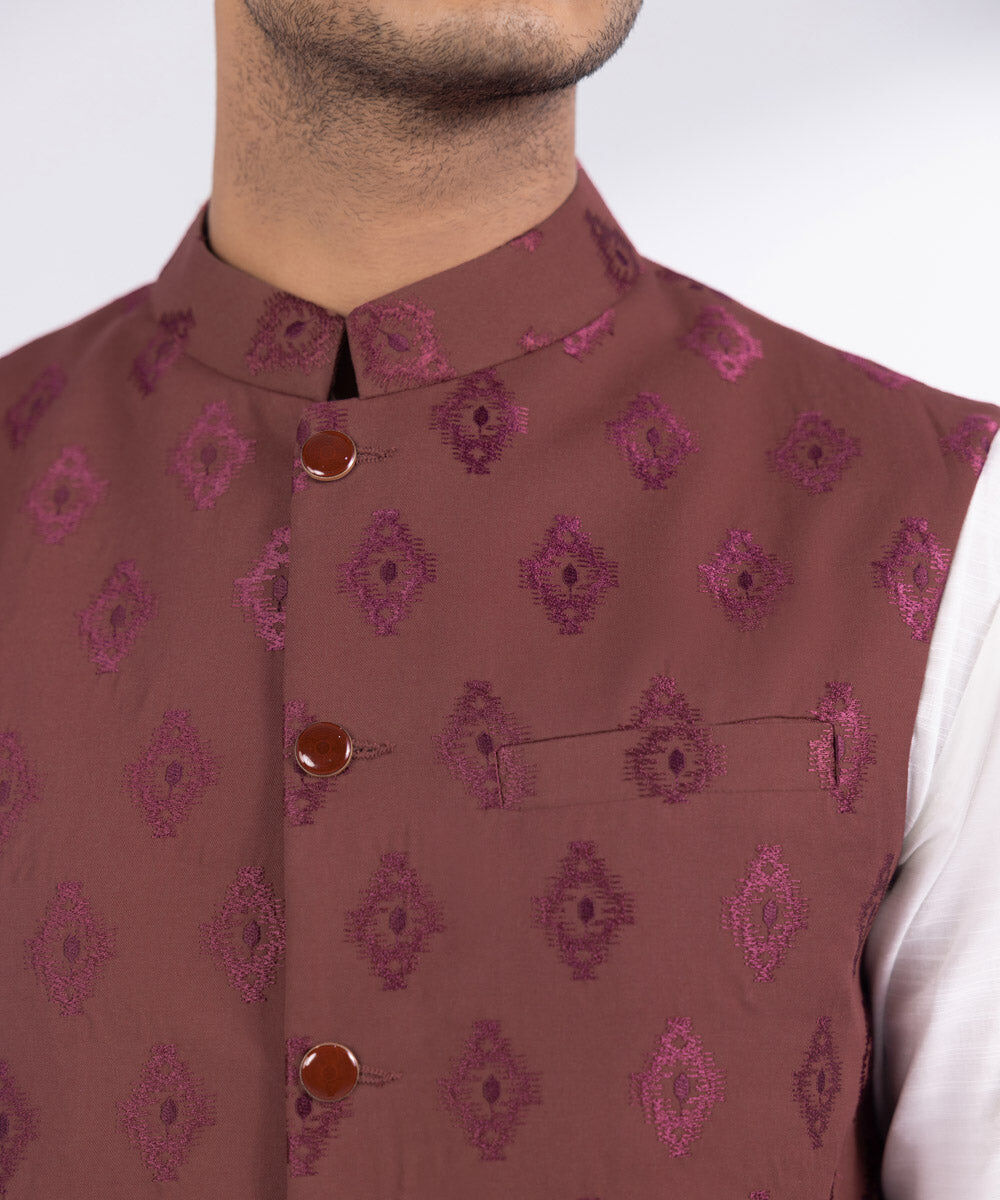 Men's Stitched Maroon Blended Twill Waistcoat