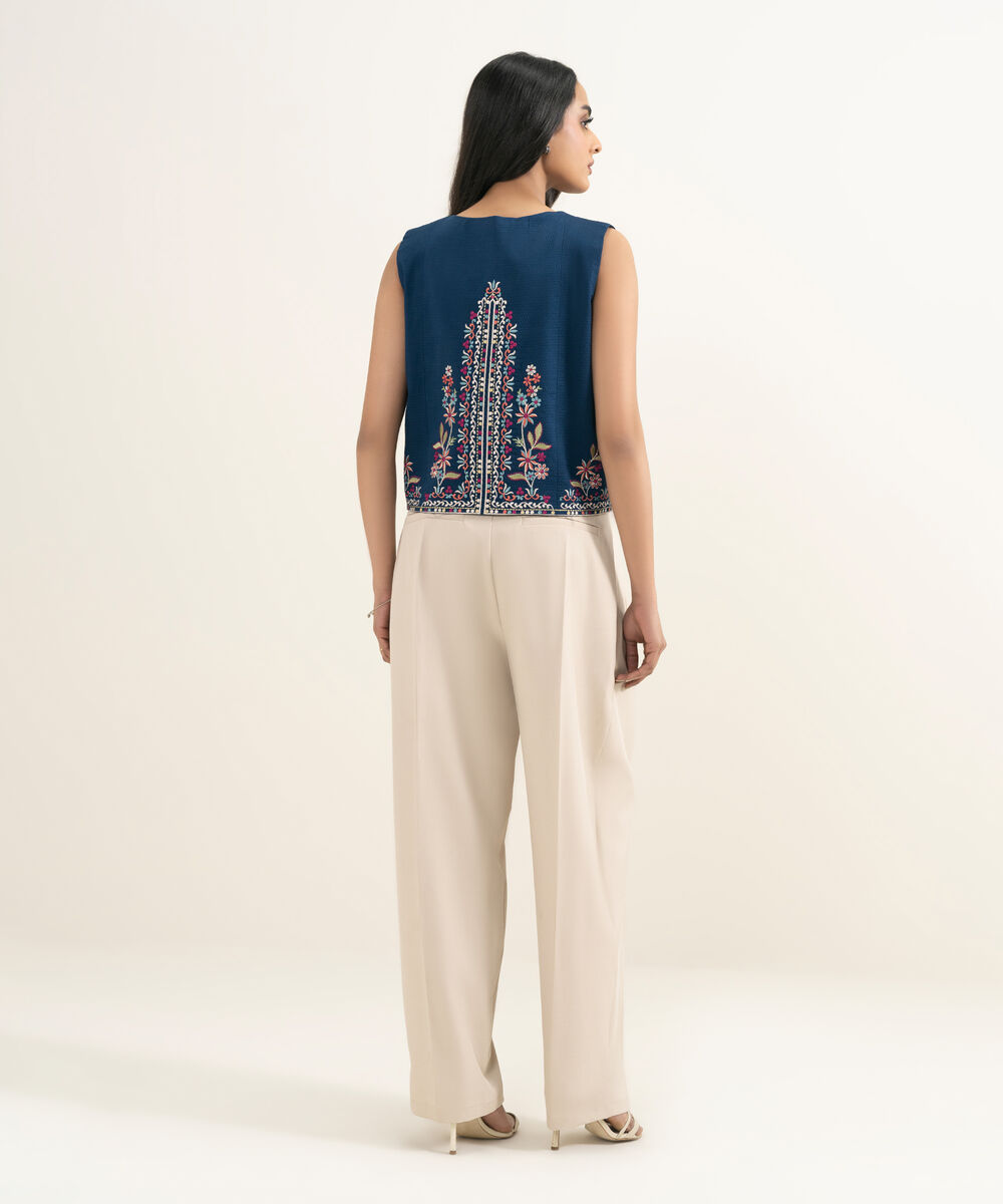 Women's RTW Dobby Embroidered Blue Waistcoat