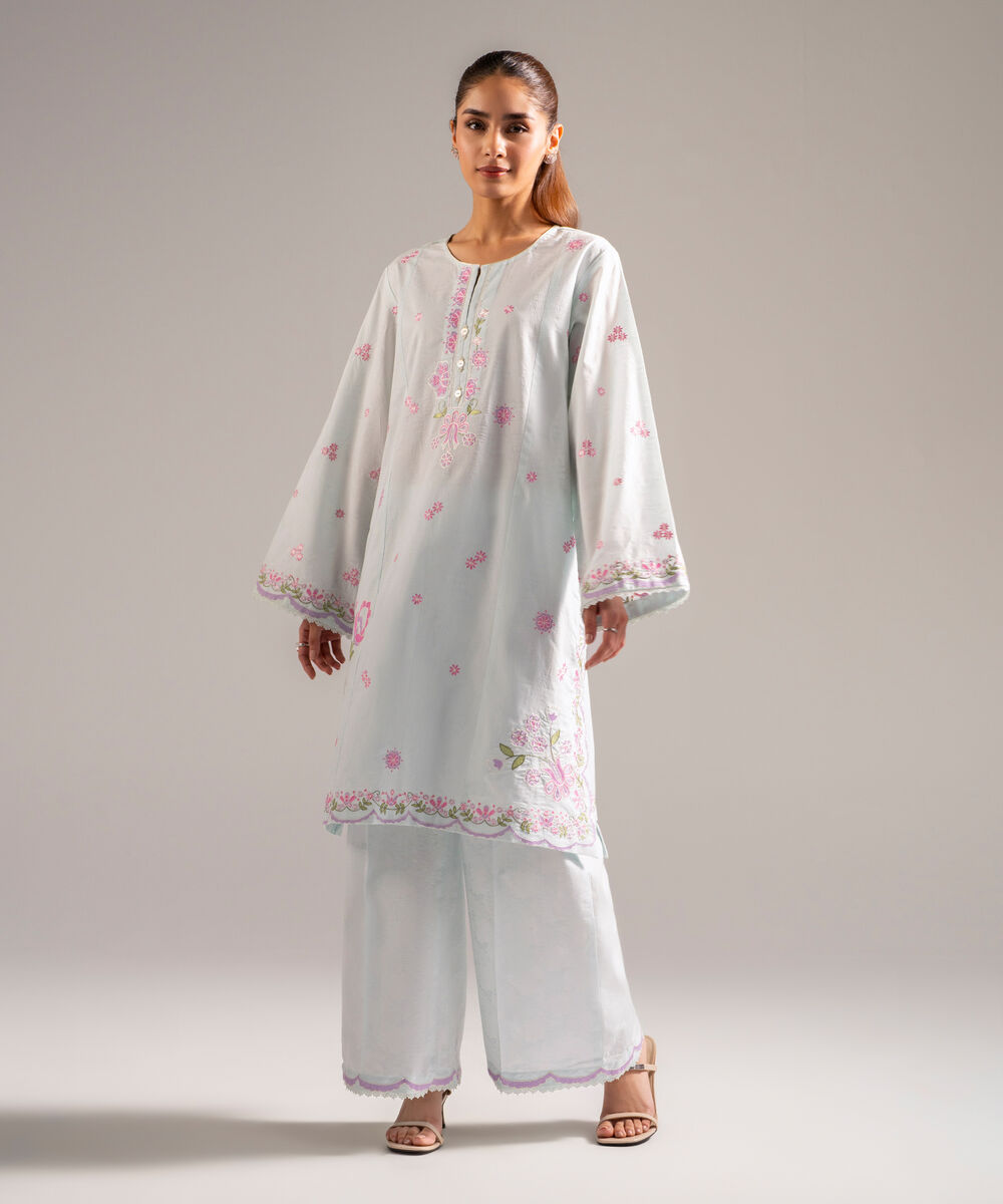 Women's RTW Self Jacquard Embroidered Light Blue 2 Piece Suit