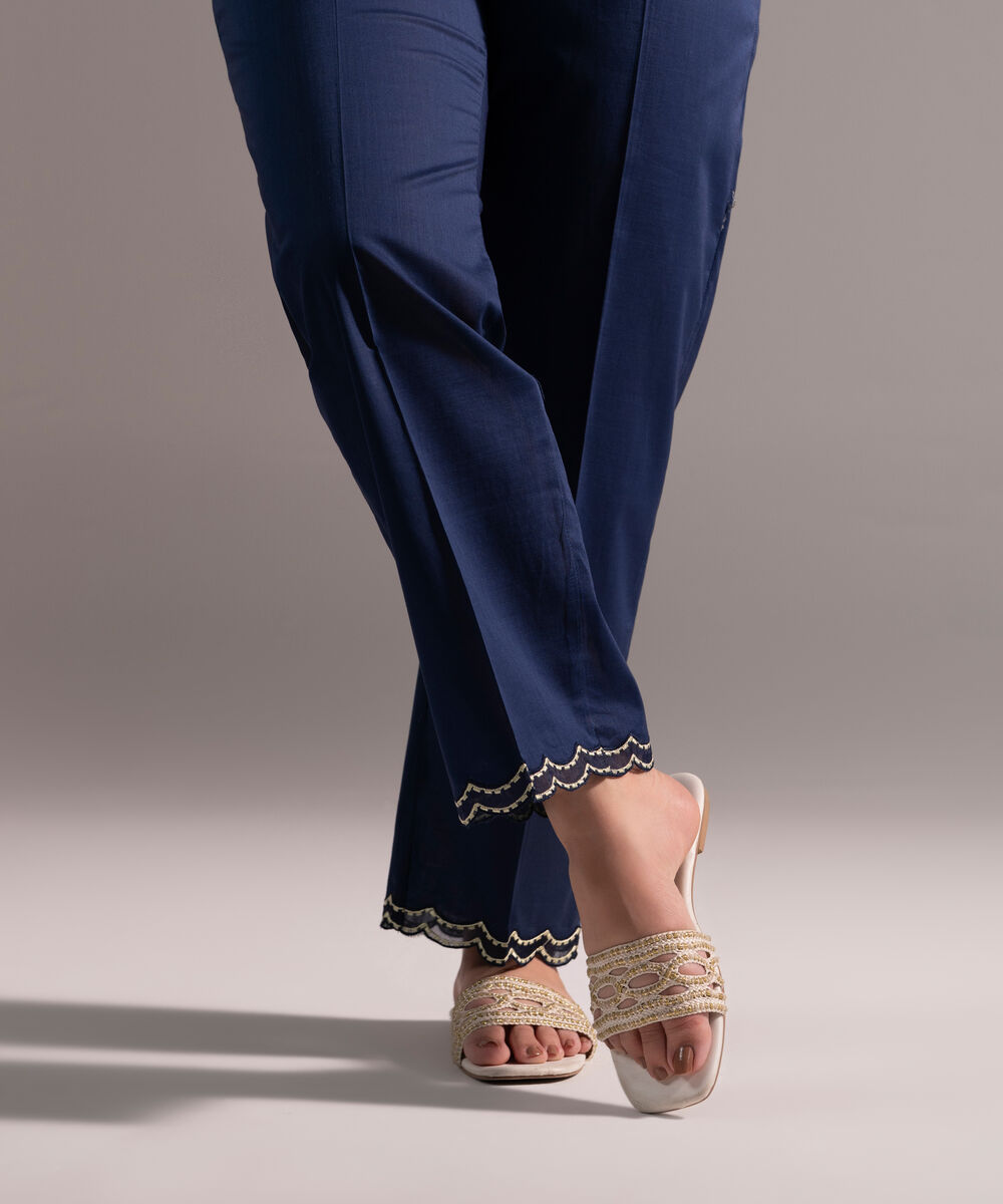 Women's RTW Crosshatch Embroidered Dark Blue Straight Pants
