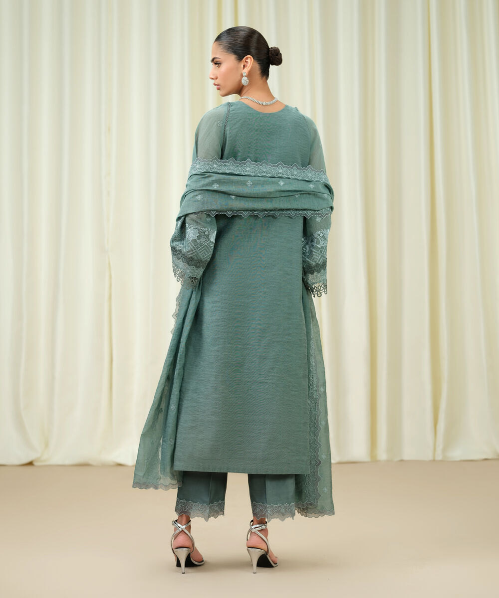 Women's Unstitched Muslin Embroidered Green 3 Piece Suit