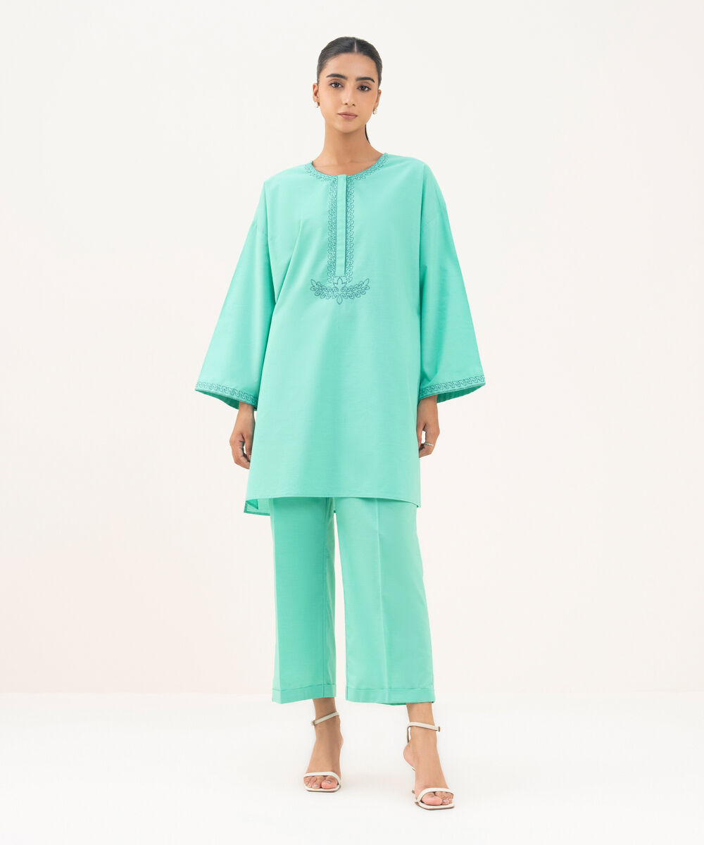 Women's RTW Textured Cotton Green Embroidered Drop Shoulder Shirt