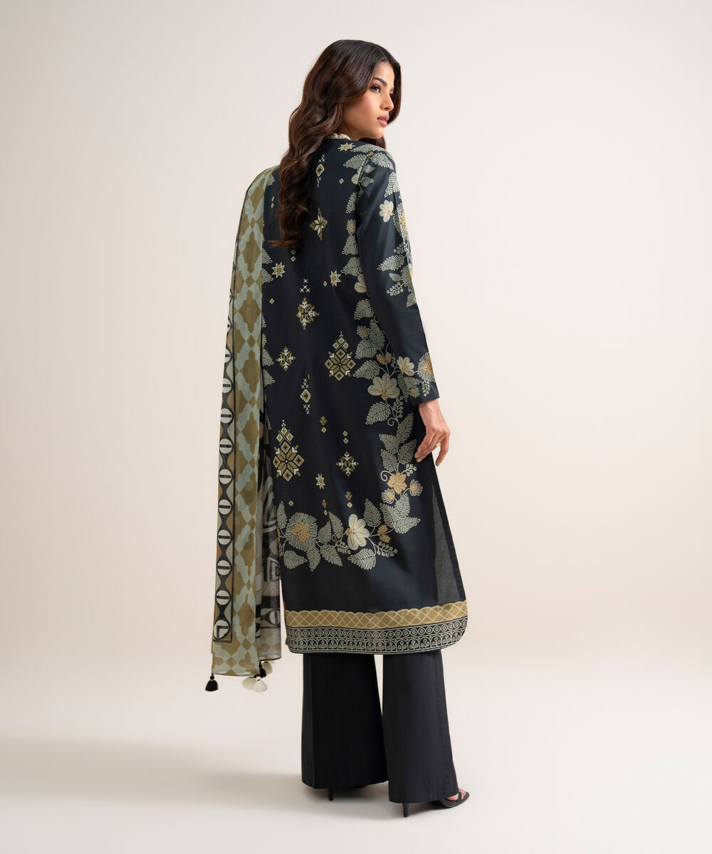 Women's Unstitched Printed Lawn Black 3 Piece Suit