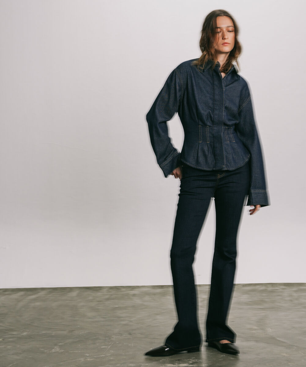 Women's Western Wear Blue Fitted Denim Shirt With Darts