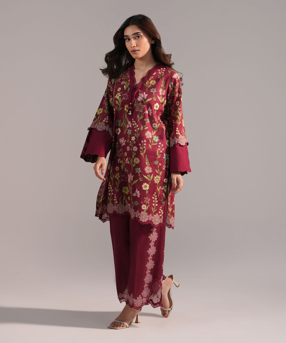 Women's RTW Lawn Printed Maroon Straight Shirt