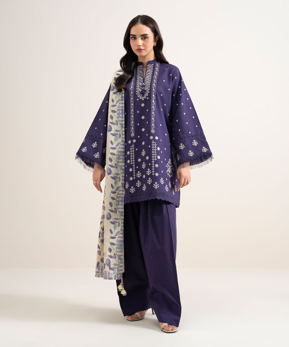 Women's Unstitched Lawn Embroidered Blue  3 Piece Suit