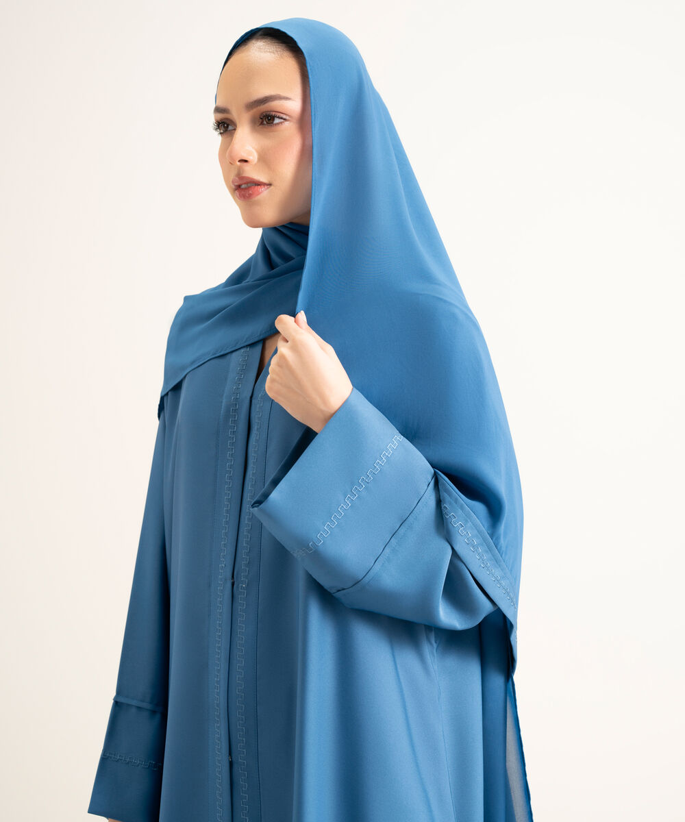 Women's Blue V-Neck Embroidered Abbaya Set
