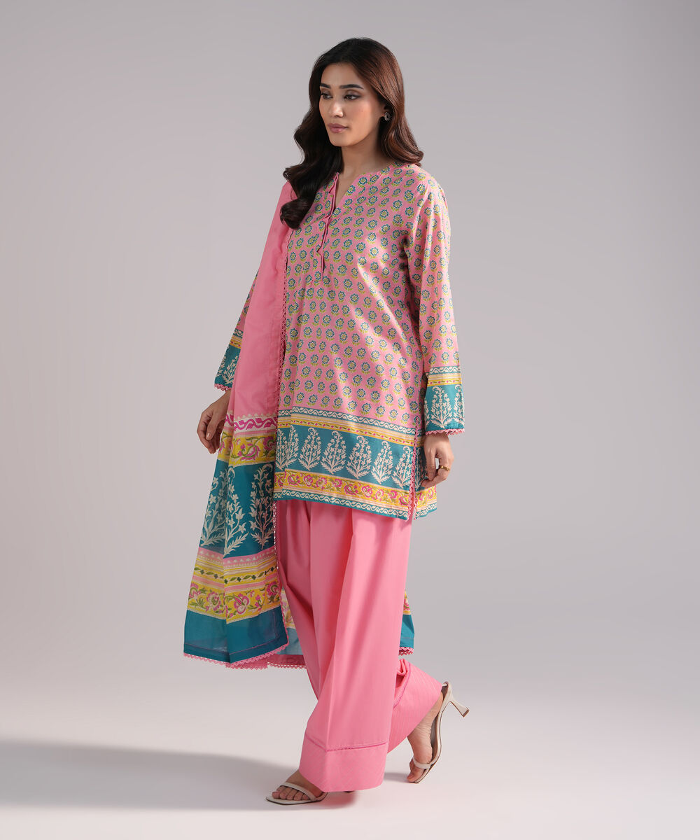 Women's RTW Lawn Printed Pink 3 Piece Suit