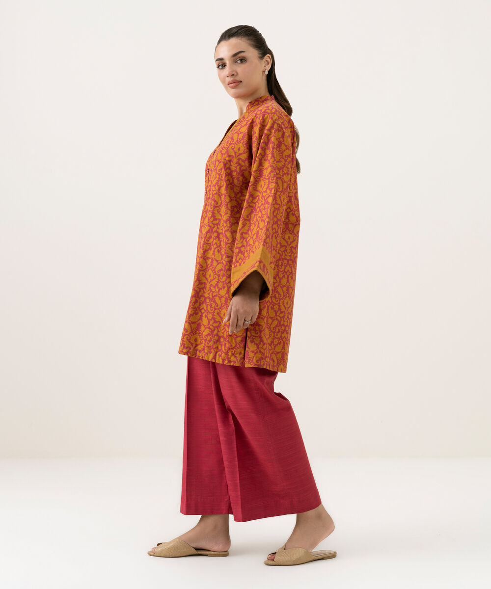 Women's Unstitched Cotton Printed Orange 2 Piece Suit