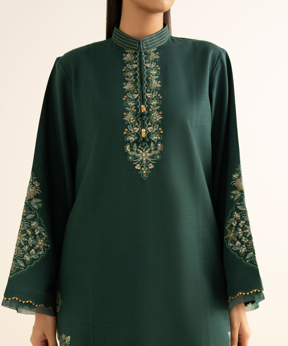 Women's Unstitched Khaddar Embroidered Green 3 Piece Suit