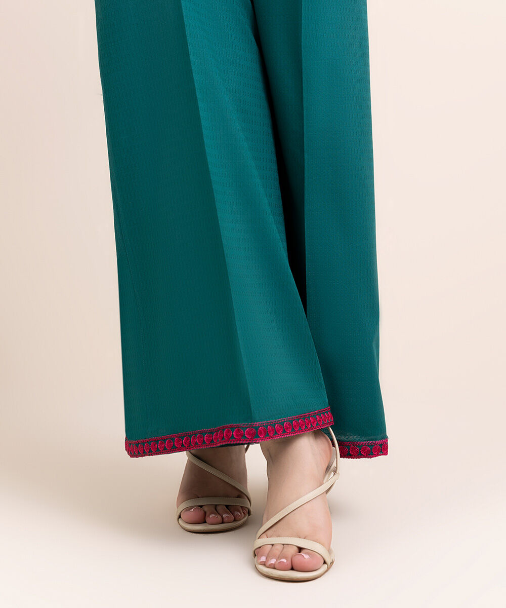 Woman - Green Embroidered Cotton Flared Pants