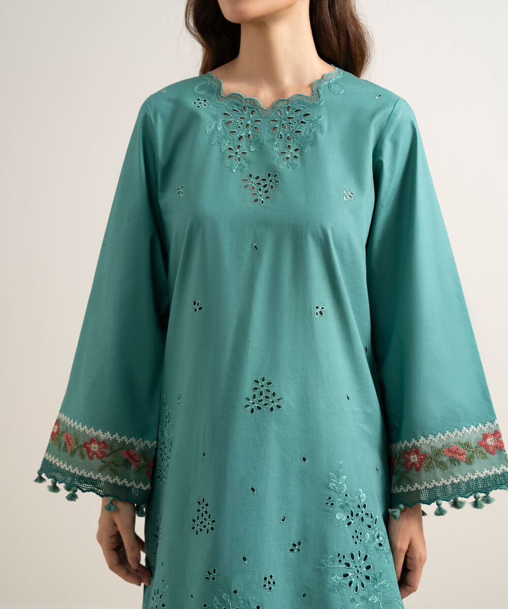 Women's Unstitched Textured Lawn Embroidered Medium Teal 3 Piece Suit