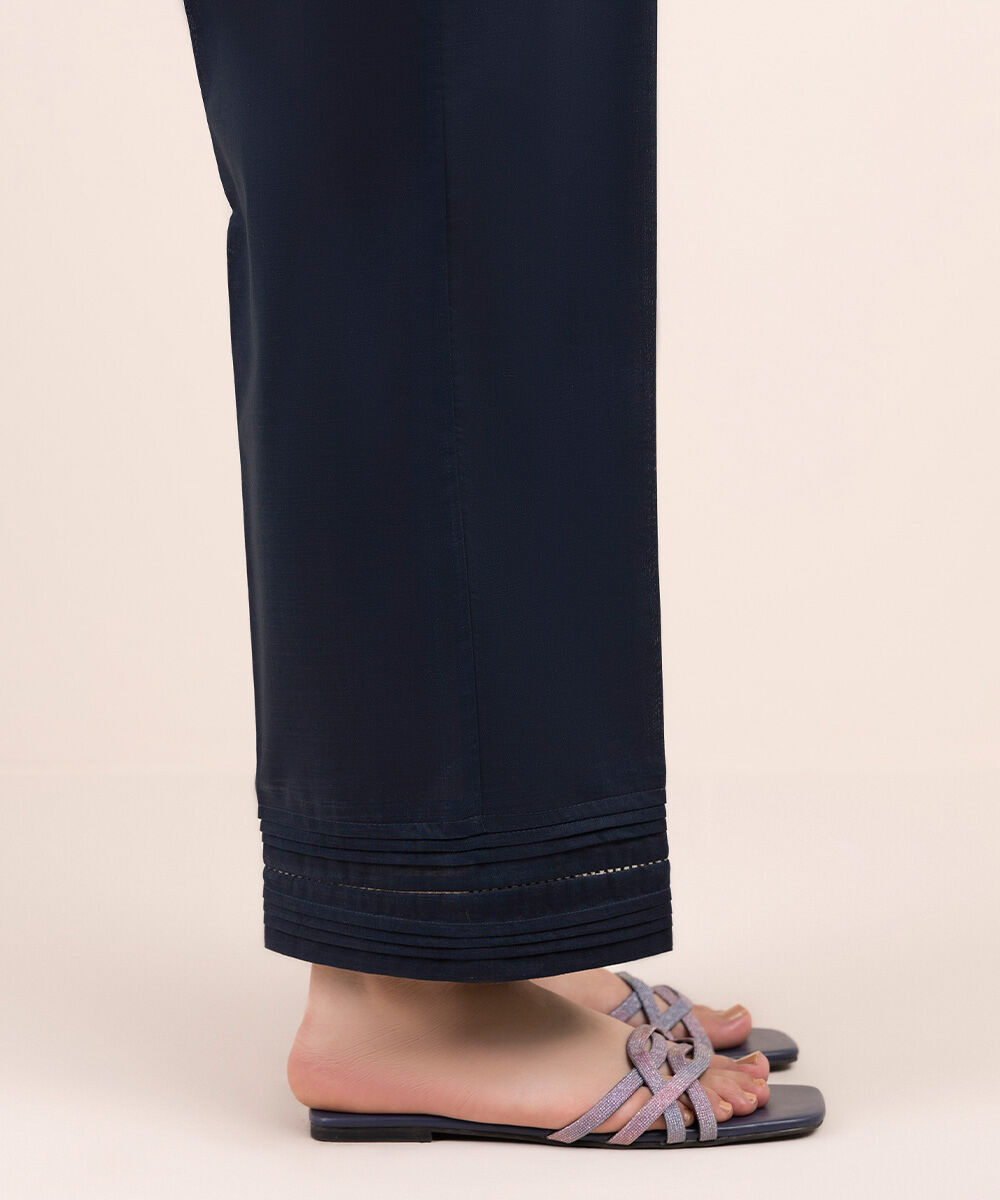 Woman - Blue Solid Crosshatch Straight Pants