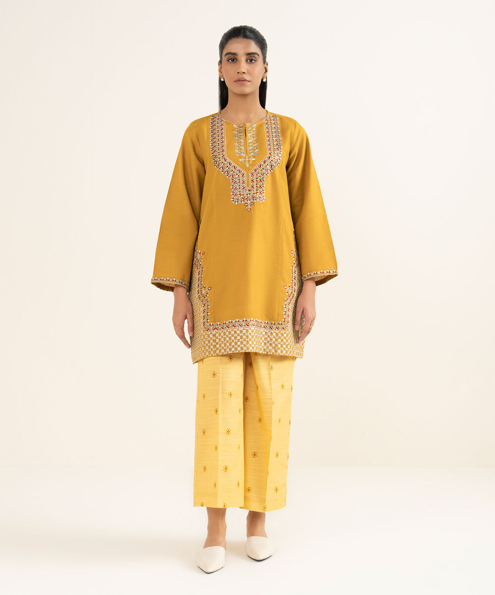 Women's RTW Light Khaddar Embroidered Mustard Straight Shirt