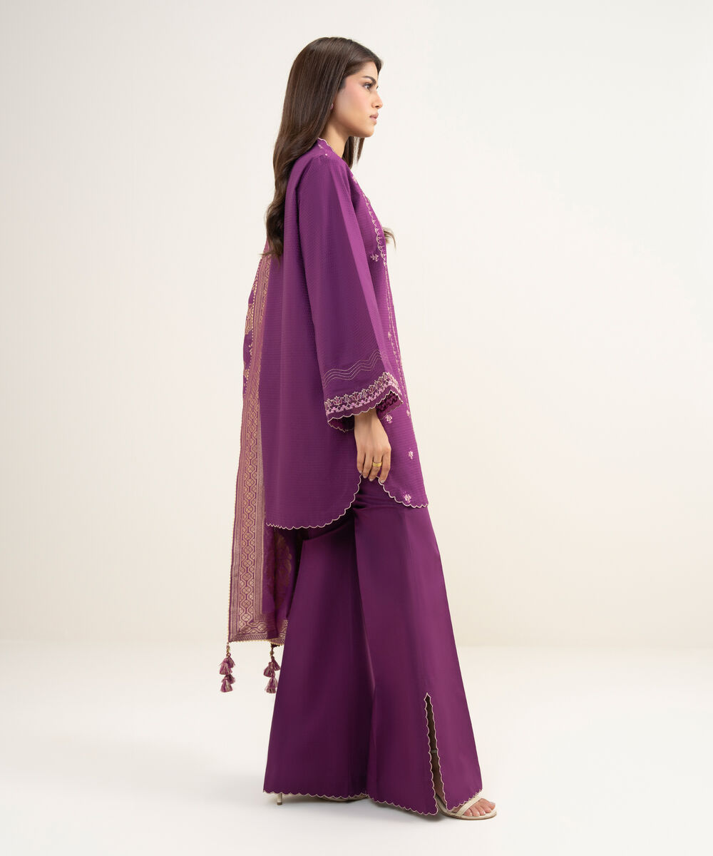 Women's Unstitched Dobby Embroidered Purple 3 Piece Suit