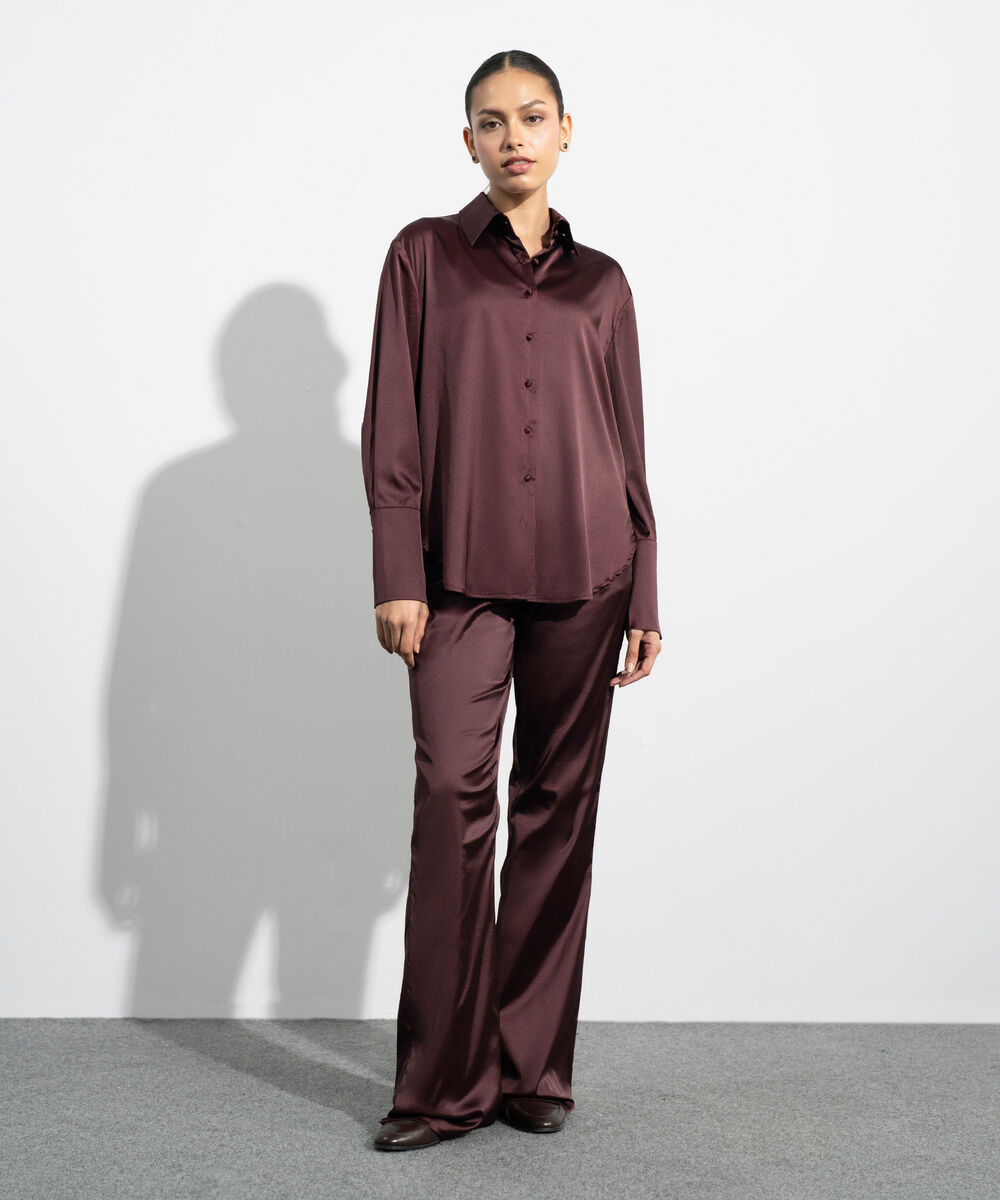 Women's Western Maroon Polka Dot Satin Shirt