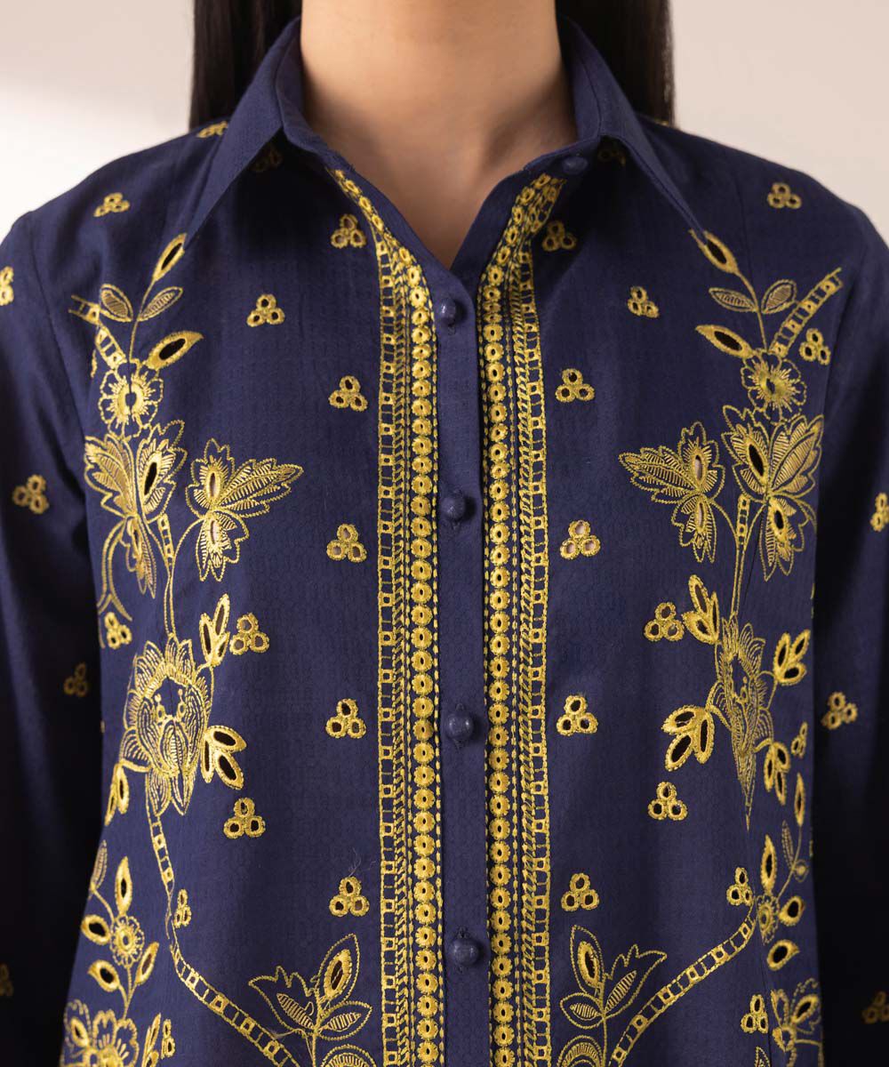 Women's RTW Dobby Blue Embroidered Button Down Shirt