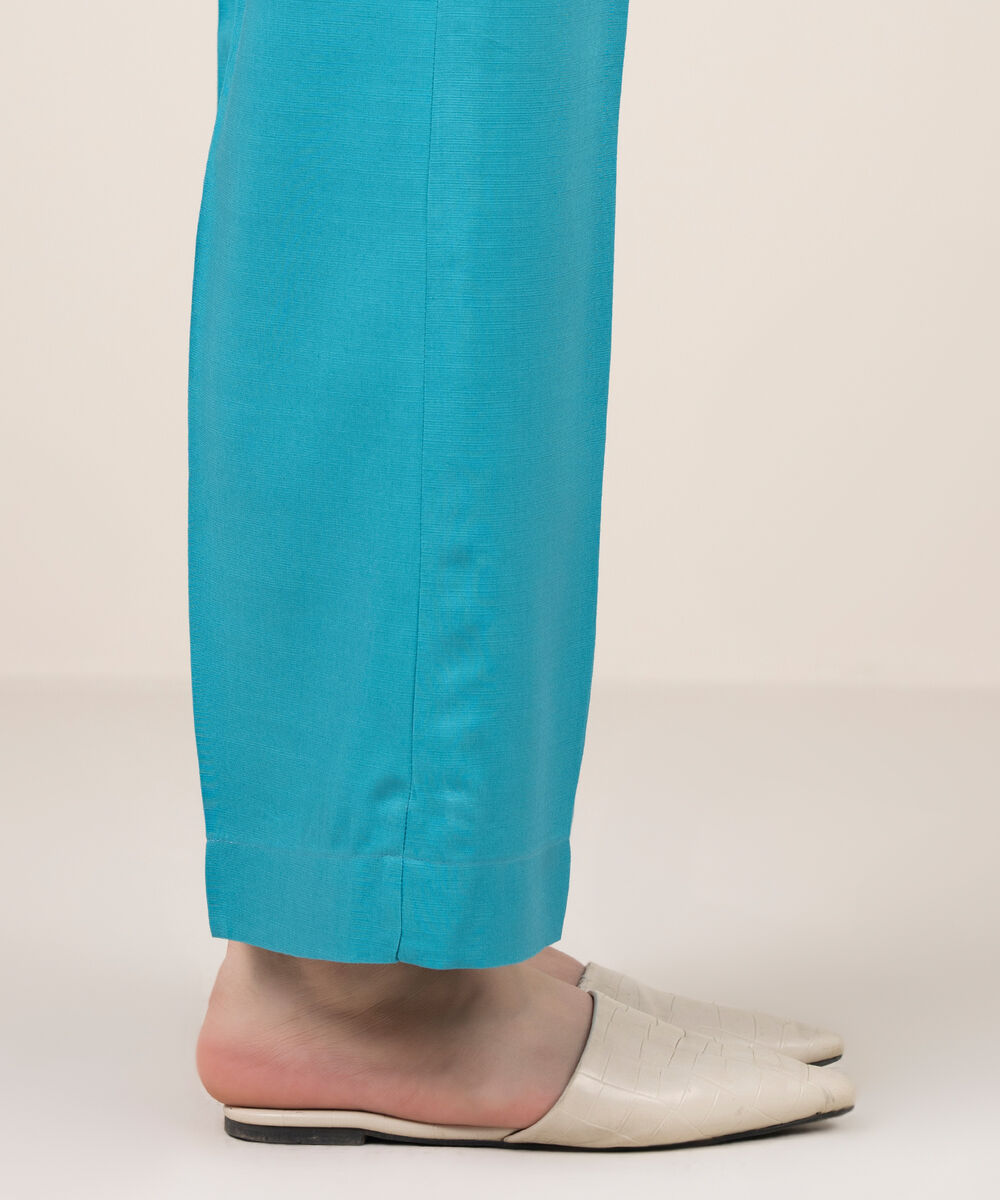 Women's RTW Herringbone Solid Blue Straight Pants