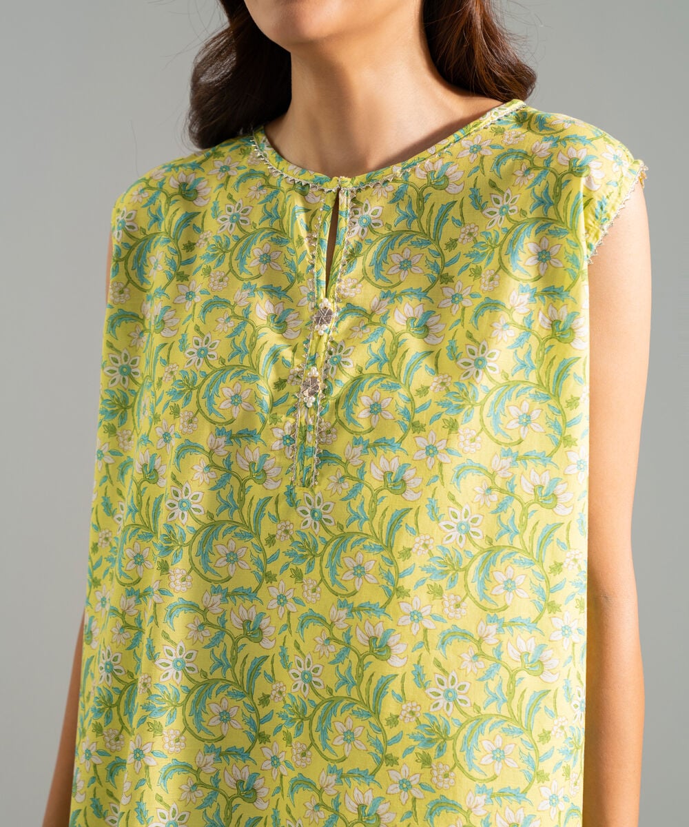 Women's RTW Slub Lawn Printed Green Straight Shirt