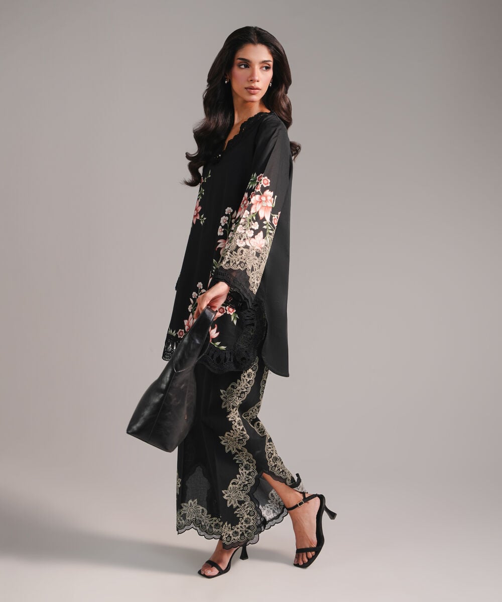 Women's RTW Lawn Embroidered Black Straight Shirt