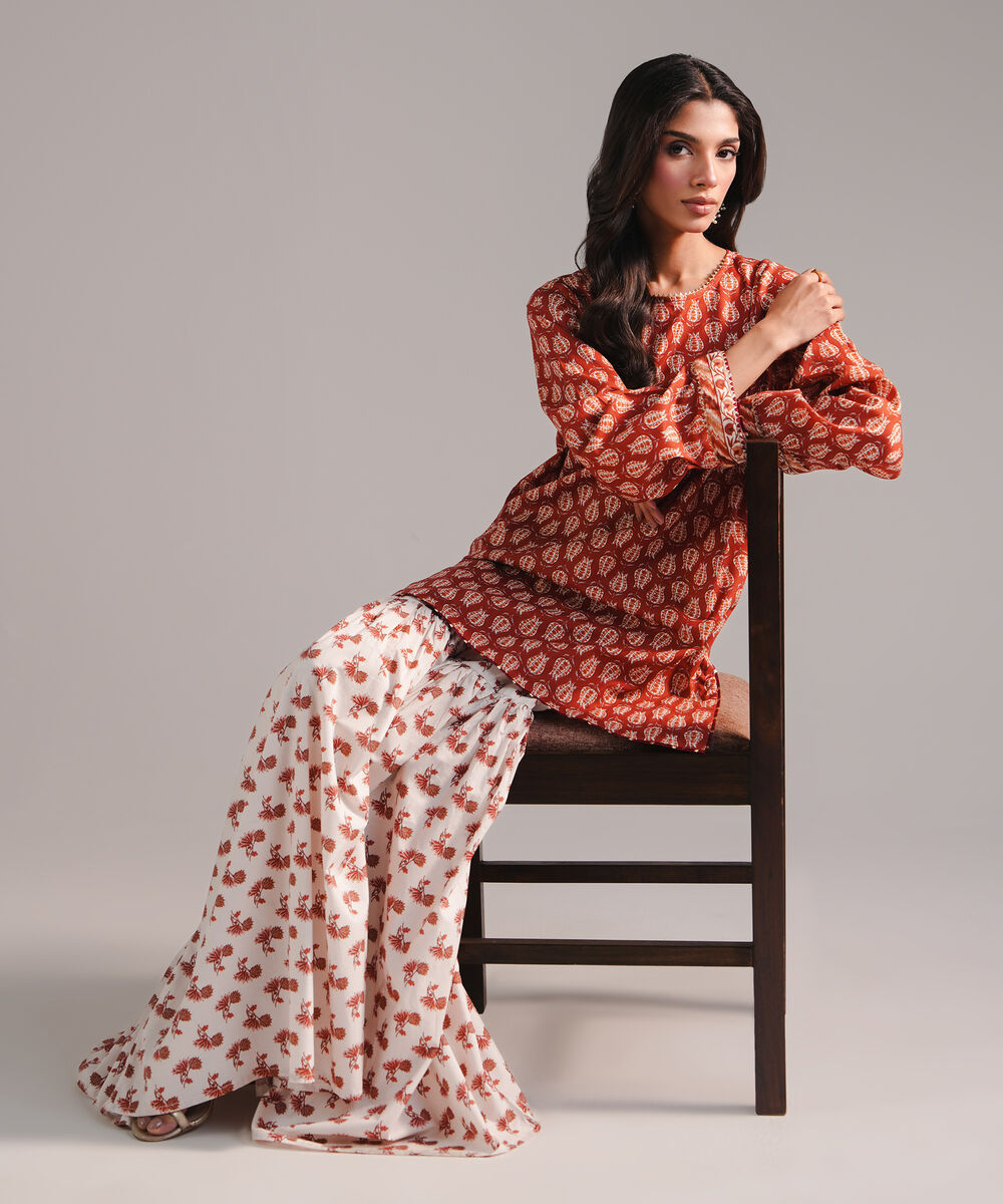 Women's RTW Textured Cotton Printed Rust 2 Piece Suit