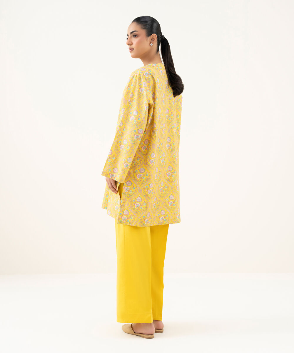 Women's RTW Cambric Printed Yellow Drop Shoulder Shirt