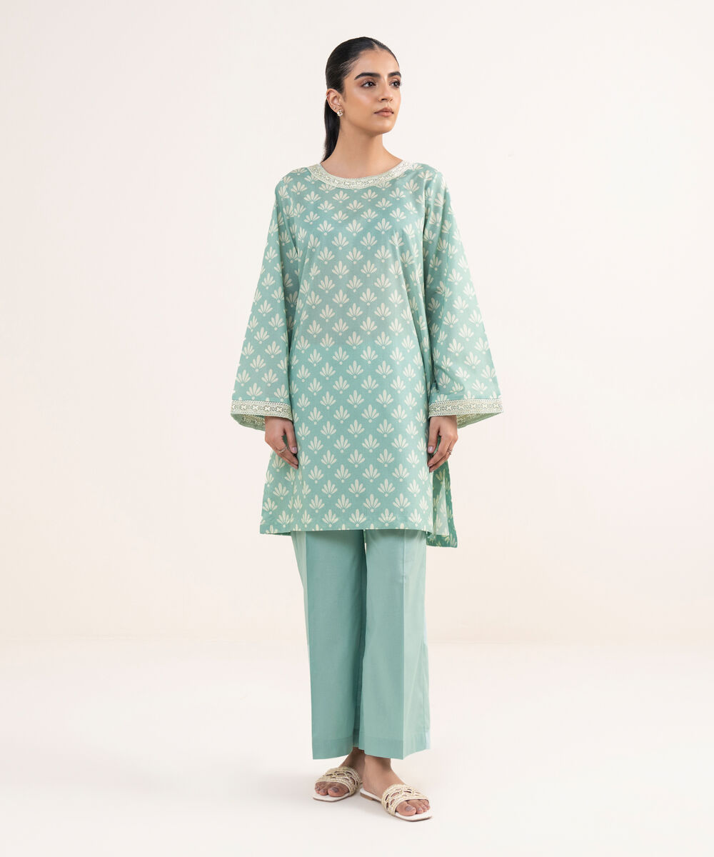 Women's RTW Lawn Teal Embroidered Straight Shirt