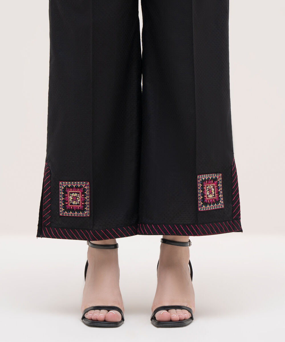 Women's RTW Textured Lawn Black Embroidered Culottes