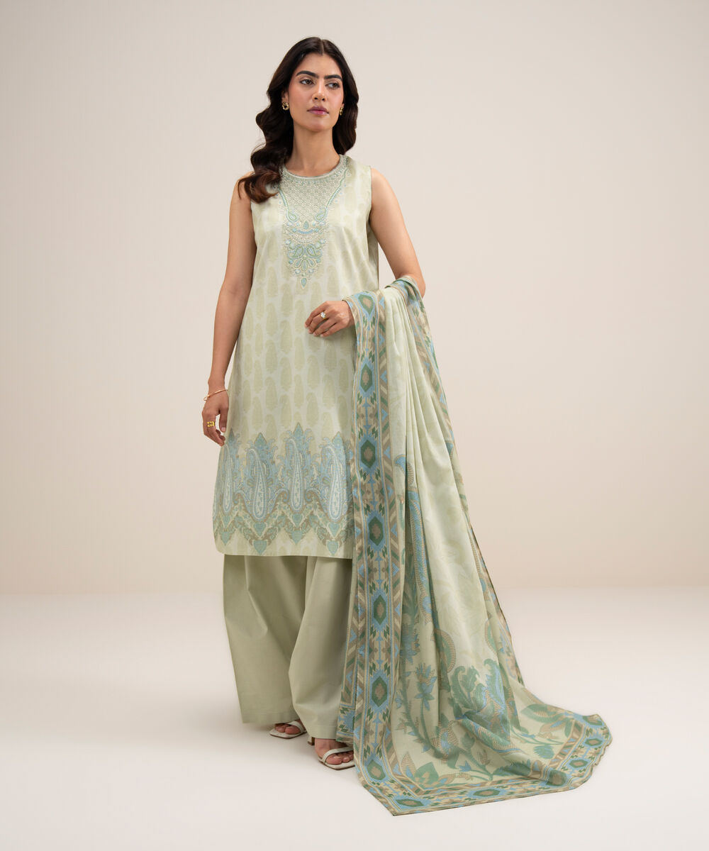 Women's Unstitched Lawn Embroidered Light Green 3 Piece Suit