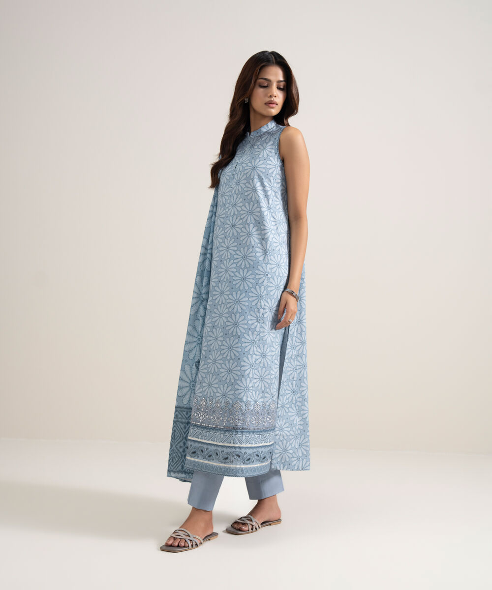 Women's Unstitched Lawn Embroidered Ice Blue 3 Piece Suit