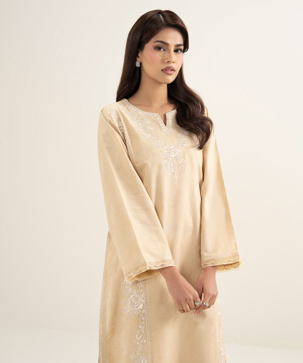 Women's RTW Self Jacquard Embroidered Beige A-Line Shirt