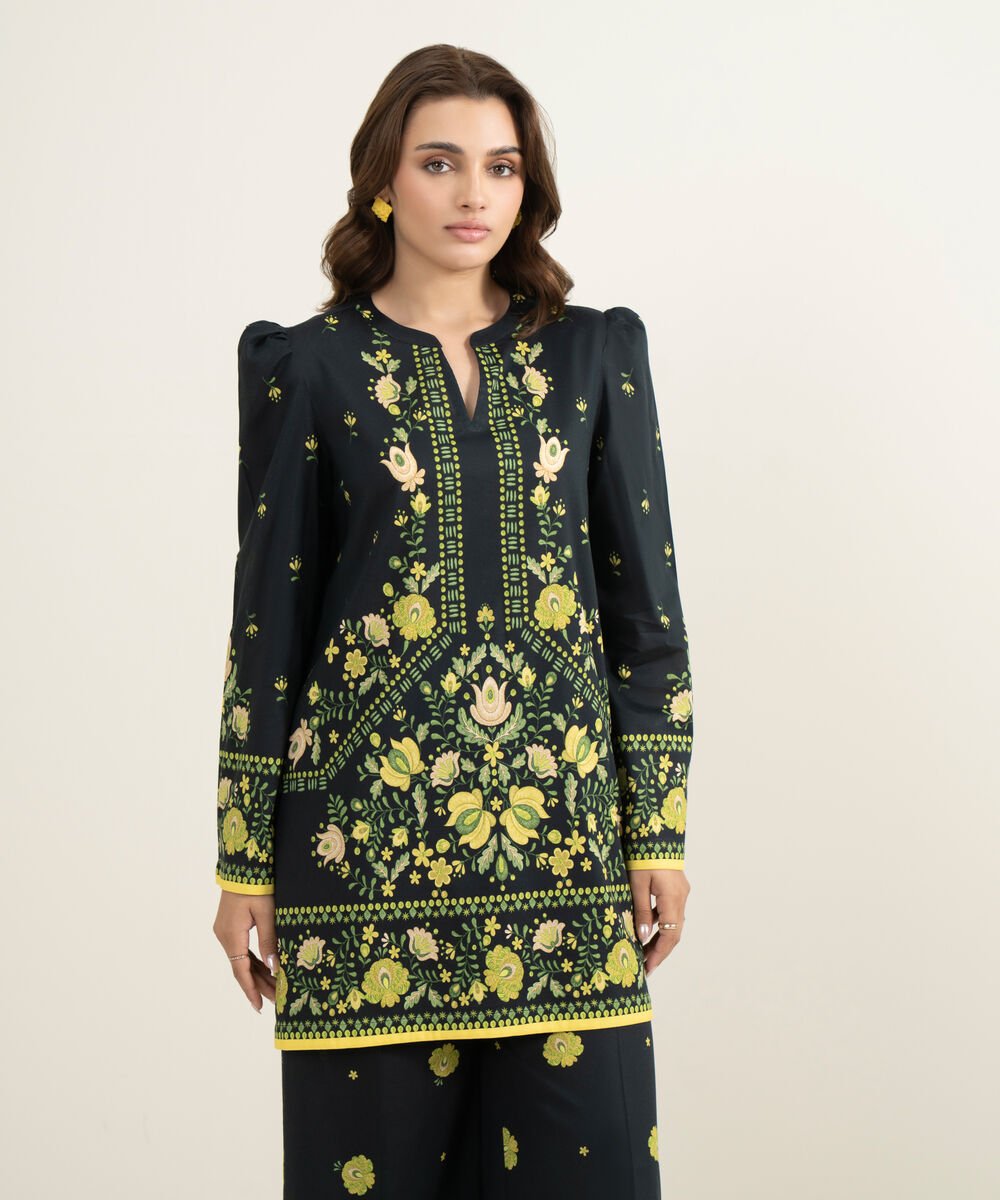 Women's RTW Cotton Viscose Printed Black Straight Shirt