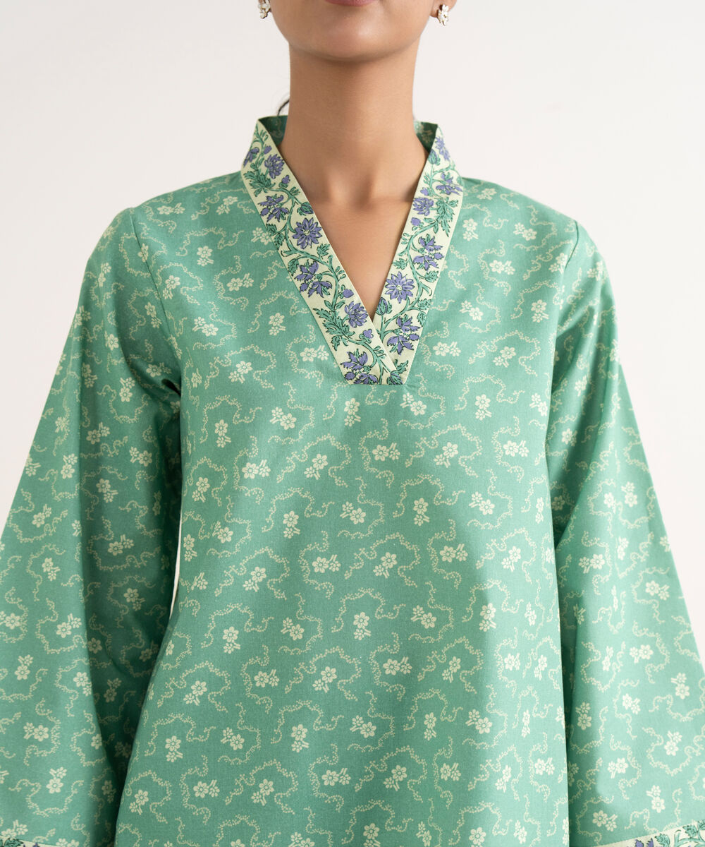 Women's Unstitched Cotton Printed Green Three Piece Suit