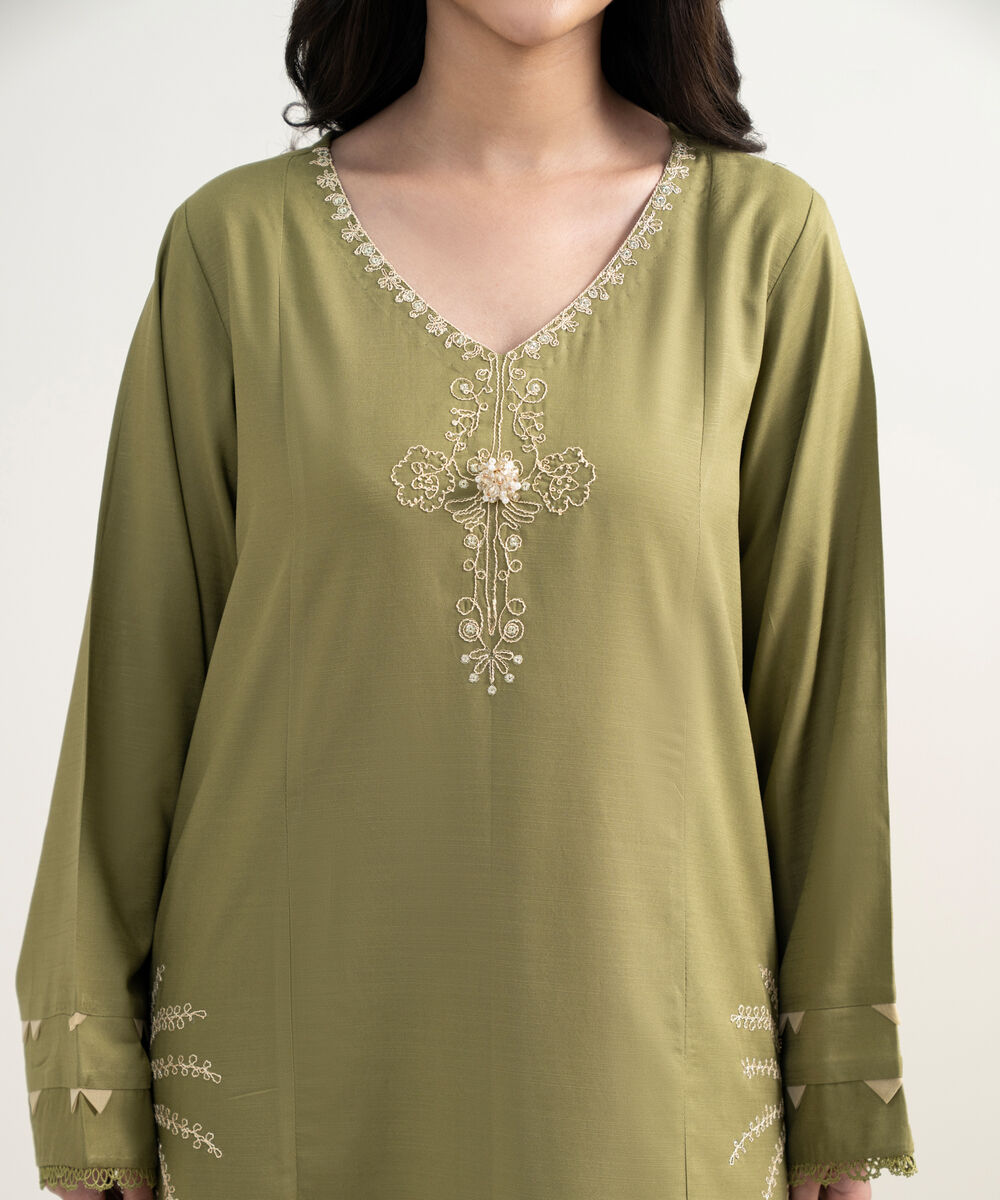 Women's RTW Raw Silk Viscose Embroidered Green 3 Piece Suit