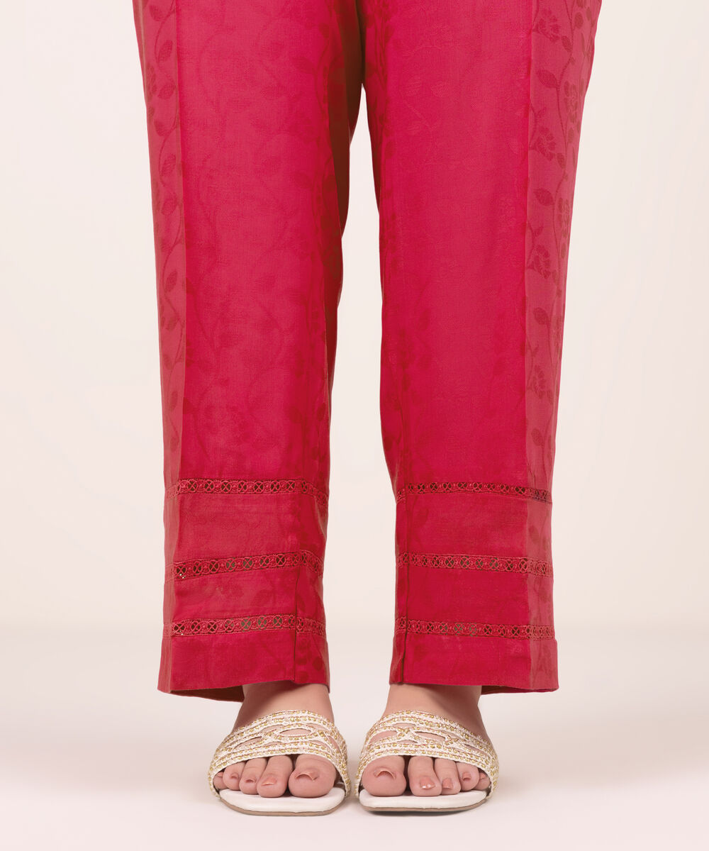 Women's RTW Arabic Self Jacquard Solid Pink Straight Pants