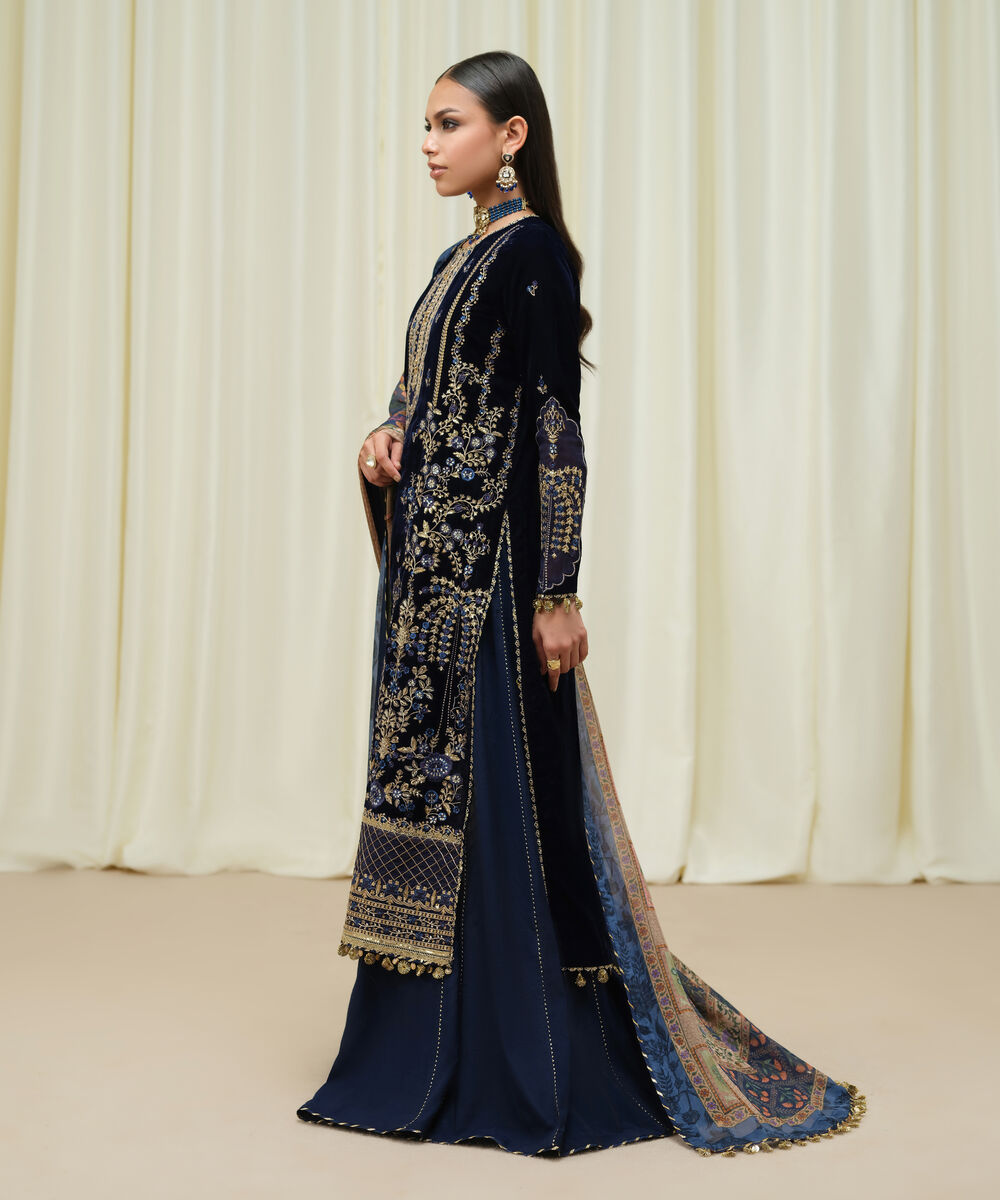 Women's Unstitched Velvet Embroidered Blue 3 Piece Suit