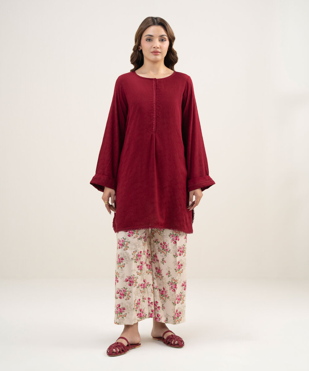 Women's RTW Arabic Self Jacquard Solid Maroon Straight Shirt